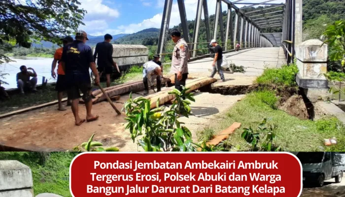 Pondasi Jembatan Ambekairi Ambruk Tergerus Erosi, Polsek Abuki dan Warga Bangun Jalur Darurat Dari Batang Kelapa
